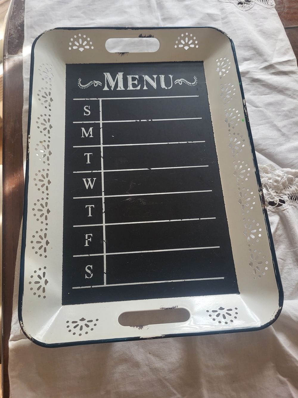 Vintage Farmhouse Metal Enamel Weekly Menu Chalkboard Tray Organizer